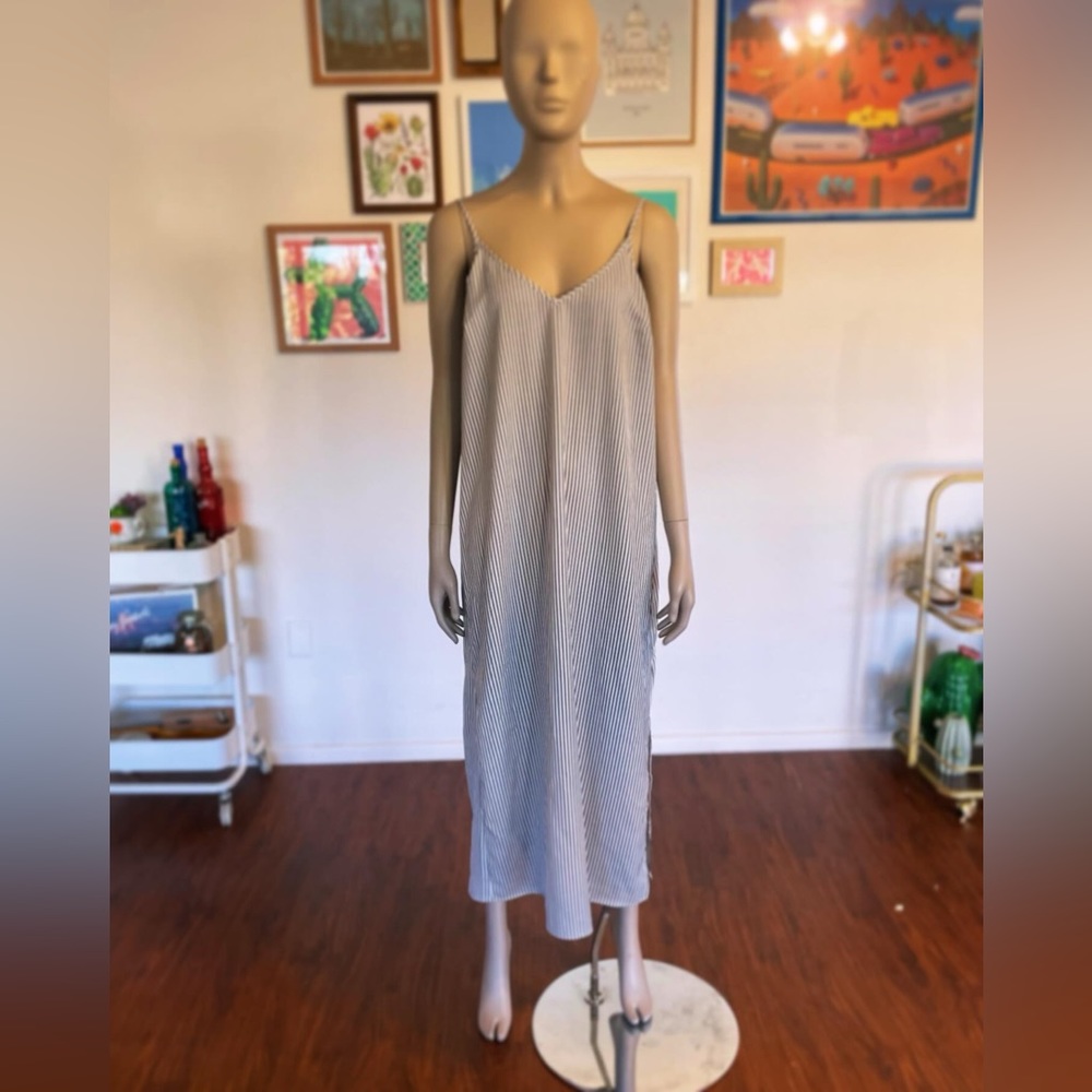 White and grey vertical striped slip dress